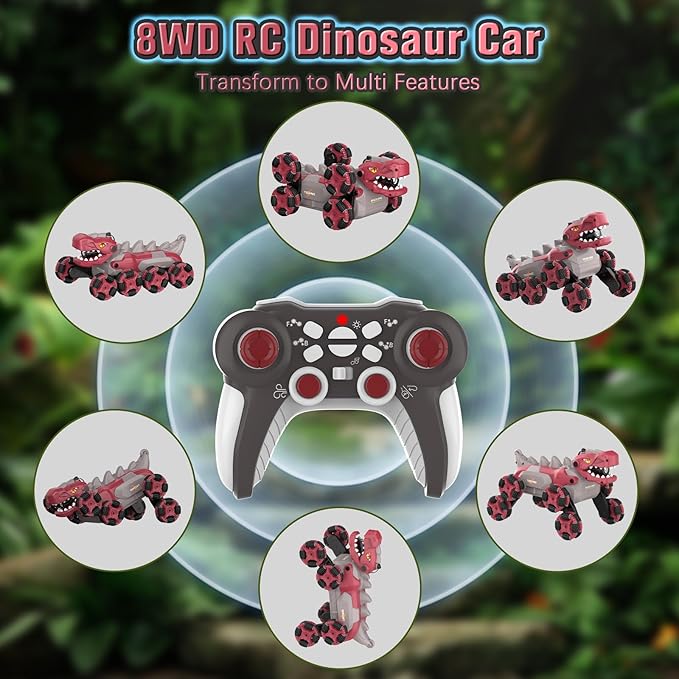 Dinosaur Remote Control Car - 8WD RC Toys for 4 5 6 7 8 Year Old Boys, 2.4Ghz RC Transform Stunt Monster Car with 360°Rotating/Spray/Roar, Birthday Xmas Gifts for Kids Age 4-6 5-7 8-12