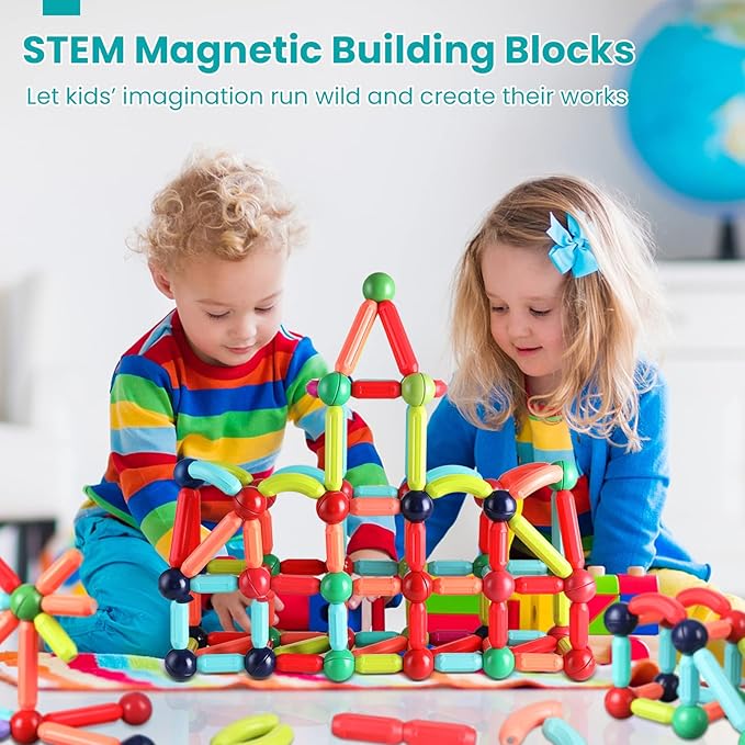BAKAM Magnetic Building Blocks for Kids Ages 4-8, STEM Construction Toys for Boys and Girls, Large Size Magnetic Sticks and Balls Game Set for Kid’s Early Educational Learning (64PCS)