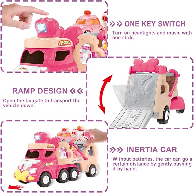 9 in 1 Carrier Truck Cars Toys for Girls Toddlers,Pink Princess Girl Car with Light and Sound,Toddler Girl Toys Age 1-2 2-4,Toys for 1 2 3 Year Old Girls Birthday for Baby Girl…