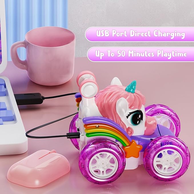 Unicorn Remote Control Car for Girls, 360° Rotating 4WD Stunt RC Cars with Cute Lights, Rechargeable Car Toys Birthday Gifts for Kids Girl Age 3 4-6 6-8