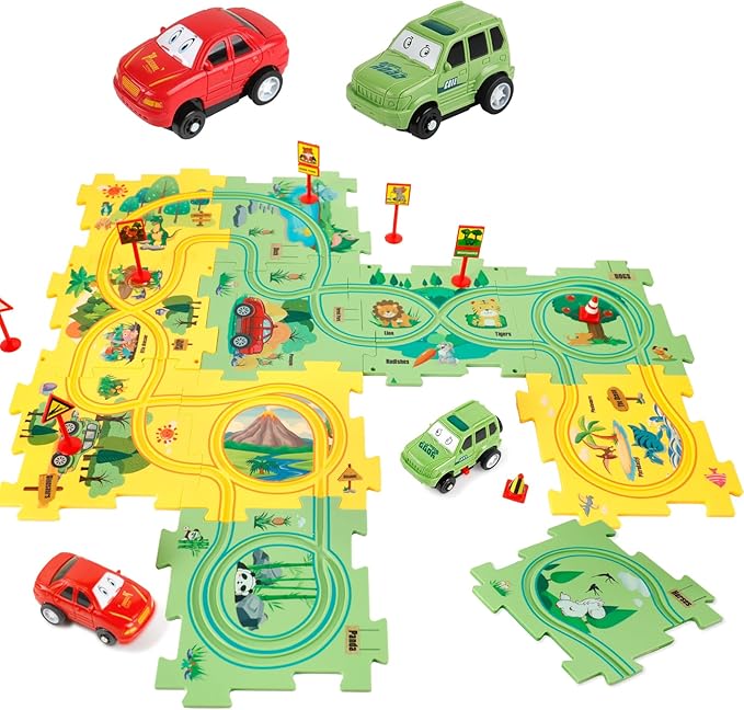 Plastic Floor Puzzles for Kids with 2 Cute Vehicles, Puzzle Racer Kids Car Track Set, Montessori Toys for 3 4 5 6 Year Old Boys, Gifts for 3 4 5 6 Year Old Boys, Toys for Ages 2-4