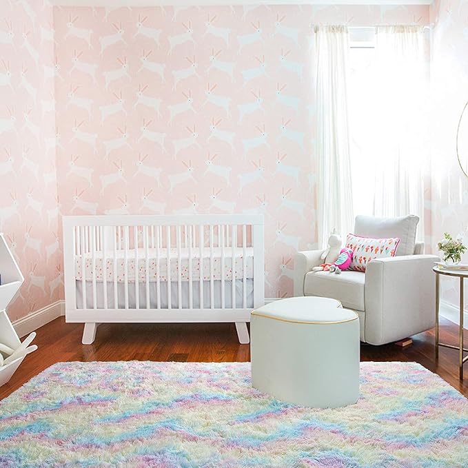 AROGAN Soft Rainbow Area Rugs for Girls Room 4x6 Feet, Fluffy Girls Bedroom Rugs, Princess Rug, Cute Colorful Carpet for Kids Teens Nursery Toddler, Pink