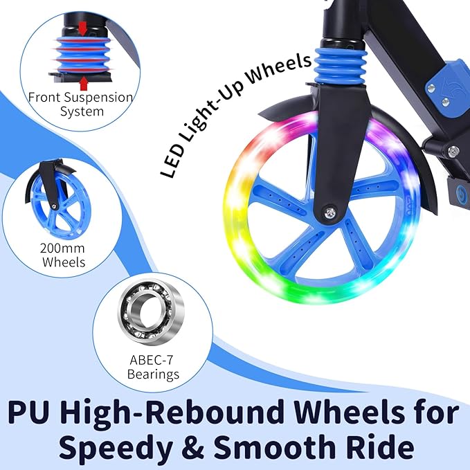 BELEEV V8 Scooters for Kids Ages 6+ with Light-Up Deck, 2 Wheel Folding Scooter for Adults Teens, 4 Adjustable Height, Lightweight Sport Commuter Scooter, Sturdy Frame, Max Load 220 lbs