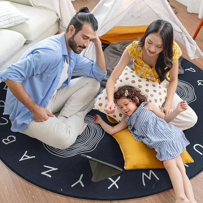 Large Classroom Rugs, ABC Alphabet Educational Area Rug for Kids,6ft Non-Slip Circle Abstract Carpet for Girls and Boys Bedroom,Carpet for Elementary Classroom,Play Rug 7 Seats,Nursery Rugs Washable