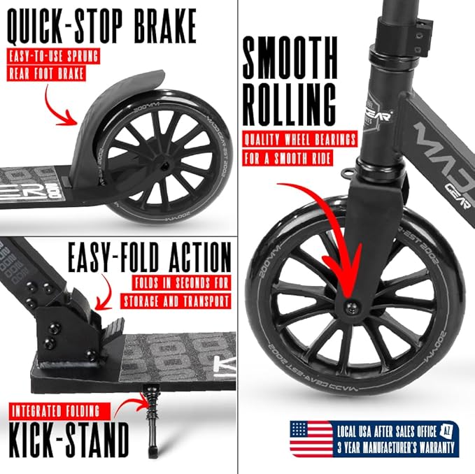 Large Folding Kick Scooter for Adults and Teens – Adjustable Handlebar – Big 200mm Wheels – Lightweight Durable Folding Frame – 220lbs Capacity – Madd Gear Scoot 200