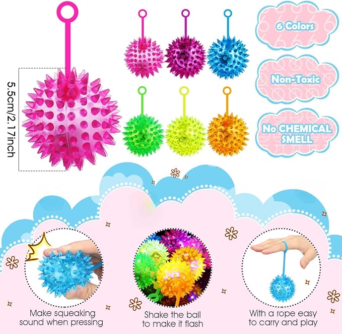 Sotiff 27 Pcs Light up Ball Spiky LED Bouncy Ball Flashing Squeaky Multicolor Puffer Toy Rubber Sensory Toy Carnival Prizes Bulk Party Favors for Teens, Adults, Children