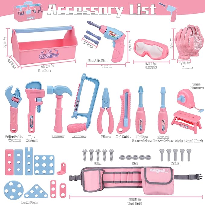 Kids Tool Set, 48PCS Toddler Tool Set with Electronic Toy Drill & Kids Tape Measure,Pretend Play Construction Toys Costume with Kids Tool Belt & Gloves,Toy Tools Box for Girl Boy Ages 3-8