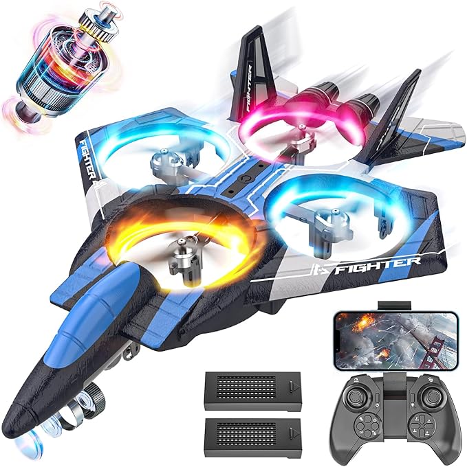 BEZGAR Brushless Drones for Kids | 2.4GHZ RC Plane with Camera, 6-axis Gyro Remote Control Airplane, 360° Flip Fighter Jet Toy, Toys for ages 8-13 with Colorful LED Navigation Lights Blue