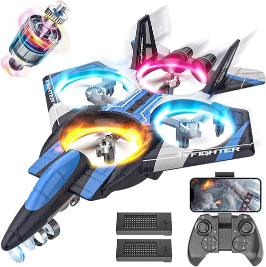 BEZGAR Brushless Drones for Kids | 2.4GHZ RC Plane with Camera, 6-axis Gyro Remote Control Airplane, 360° Flip Fighter Jet Toy, Toys for ages 8-13 with Colorful LED Navigation Lights Blue