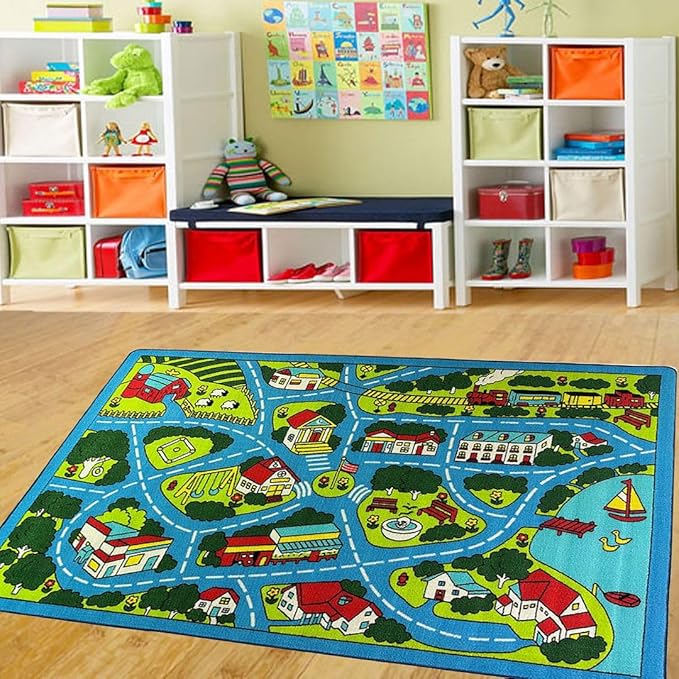 Mybecca Street map Sky Blue Light Kids Rug Play Mat for Floor 5'x7' (Approx:4'11" X 6' 10") Non-Slip Gel Backing (59" x 82") Children Area Rug