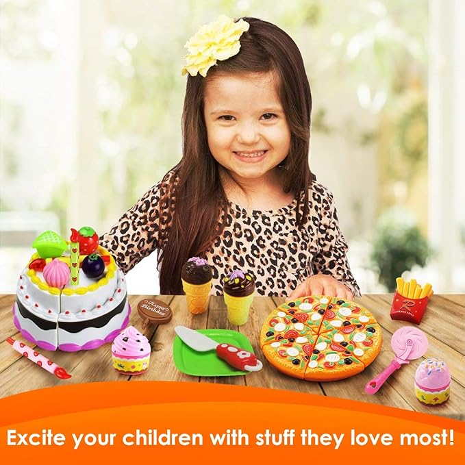 FUNERICA Play Food Goodies Set with Storage Box - Features Cutting Pizza, Ice Cream, Toy Birthday Cake, Fries, Dessert – Pretend Kitchen Toys for Toddlers, Boys, Girls