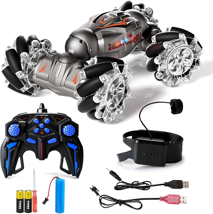 Deejoy 1:12 RC Stunt Car, 2.4GHz 4WD Remote Control Gesture Sensor Toy Cars, Double Sided Rotating Off Road Vehicle 360° Flips with Lights Music, for Boys & Girls Birthday（Black Silver）