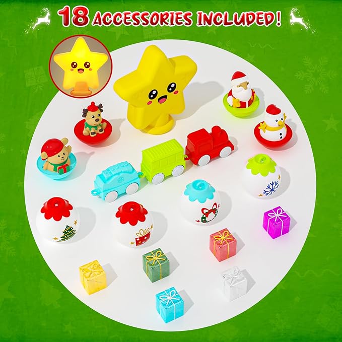 My First Christmas Tree for Kids, Light Up Star Musical Toy Toddler Christmas Tree Decoration Toy Set with Colorful Ornaments DIY Train&Track, Roly Poly Toys, Finger Puppets Xmas Gifts for Boys Girl