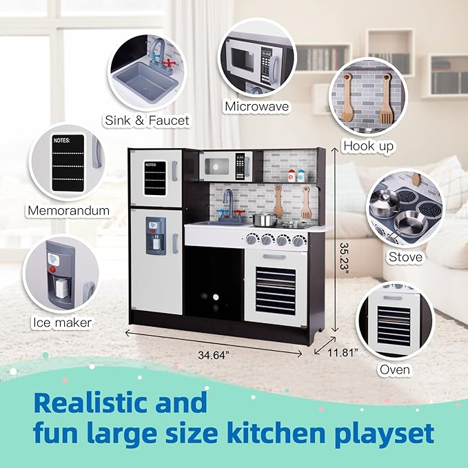 TOOKYLAND Kids Kitchen Playset, Wooden Chef Play Kitchen for Toddler with Sink, Oven, Range Hood, Stove, ice Maker and Microwave, Ideal Toddler Toys for as Present