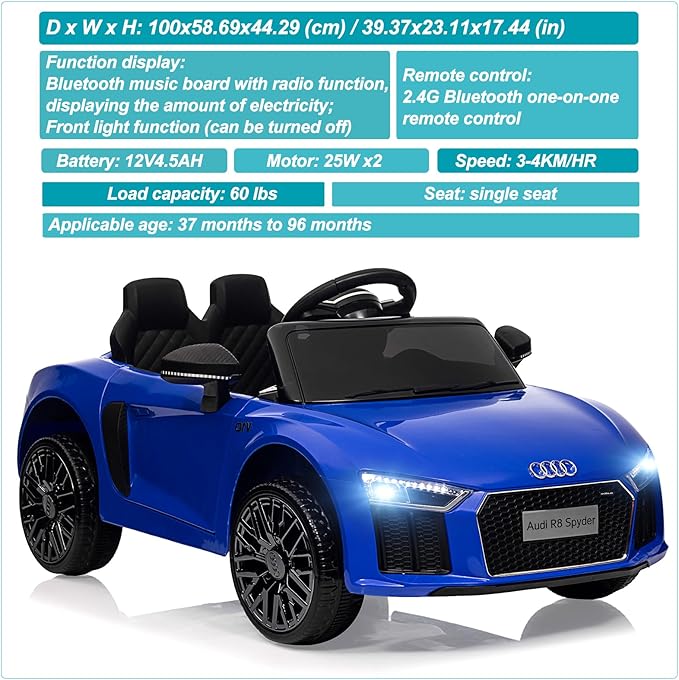 Licensed Audi 12V Kids Ride-On Car | Electric Car with Remote Control for Boys and Girls | 4-Wheel Design, LED Headlights, Music, and Horns