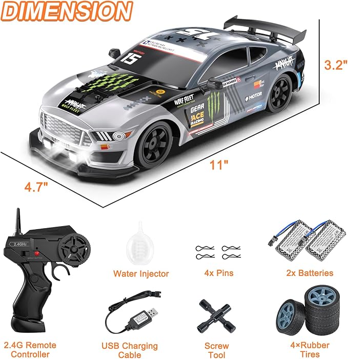 Dollox Remote Control Car 1/16 Scale RC Drift Car 2.4GHz 4WD High Speed 18+KM/H Vehicle with LED Lights and Spray, Extra Drifting Tires Racing Vehicle Toys Birthday Gifts for Adults Boys, 2 Batteries
