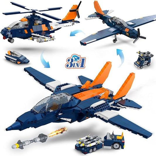 HOGOKIDS 3 in 1 Fighter Jet Plane Building Sets, Military Propeller Aircraft Gunship Building Toys with Vehicle/Rocket Launcher/Speedboat Model Toys, Birthday Gift for Kids, Boys and Girls 10+, 738PCS