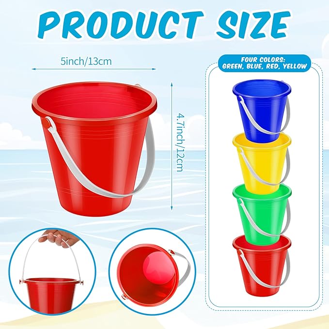 24 Pcs 5 Inch Beach Bucket Sand Buckets Colorful Fun Plastic Pails and Sandcastle Mold for Kids Toddler Tool Summer Beach Theme Birthday Party Favors Bulk Play Castle Water Pool, 4 Colors