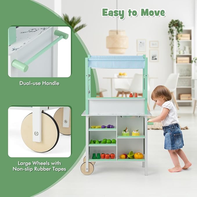 HONEY JOY Kids Kitchen Playset with Lights, Double Side Little Chef Play Kitchen for Toddler & Grocery Store, Cookware, Sink, Storage Cabinet, Wooden Pretend Play Toy Kitchen Cart with Wheels, Green