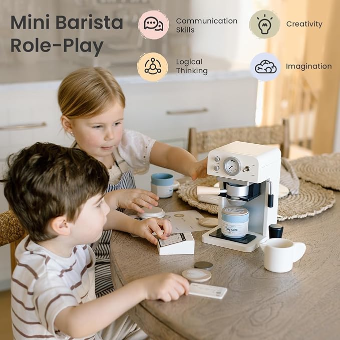 Tiny Land Kids Wooden Coffee Maker Playset – Pretend Play Espresso Machine with POS Machine and Toy Bank Card, Barista Role Play Café Set, Montessori Kitchen Toy for Boys & Girls