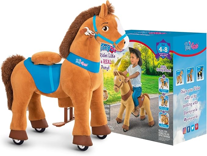 PonyCycle Ride on Toy Riding Horse Ride-on Horse for Toddler Riding Pony Toy (with Brake/ 30" Height/Size 3) Plush Animal Mechanical Pony Rider with Wheels Spirit Toys Birthday Surprise Brown E337