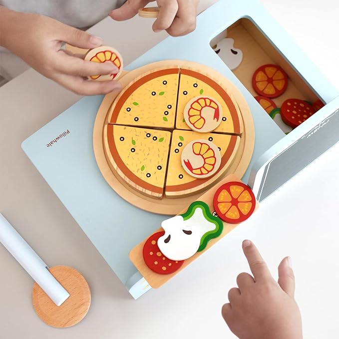 Wooden Pizza Play Set – 24 PCS Slice‑&‑Serve Pretend Play Pizza Toy, Hook‑and‑Loop Cutting, Montessori Kitchen Role Play, Wooden Play Food Gift for Toddlers Ages 3‑6