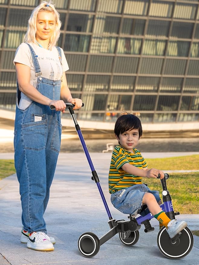 XJD Toddler Bike, 6 in 1 Folding Toddler Tricycle for 1-4 Year Old with Push Handle, Balance Bike with Removable Pedal,Backrest, Adjustable Seat Height and Handle, First Birthday Gifts (Blue)