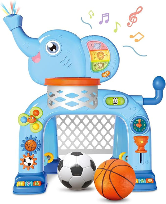 Shemira Toddler Basketball Hoop & Soccer Goal Activity Center Toys with Light & Music,Elephant Toddlers Musical Toys Gift, Baby & Toddlers Christmas Birthday Gift for 1 2 3 Year Old Boys & Girls