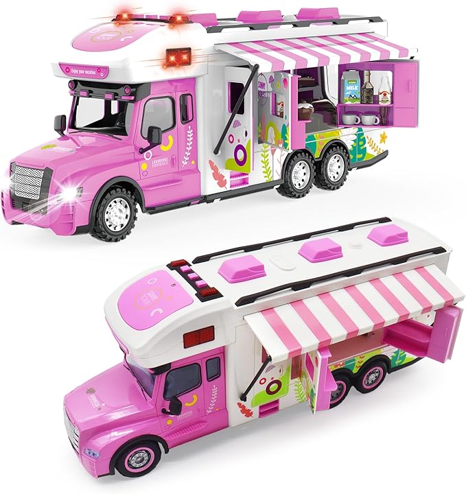 Remote Control Camper Toys, RC Truck for Boys Pull Back Model Car Doors & Awning Open Light Sound, RC Food Car Age 3 4 5 6 7 8 Kids Toddlers Birthday Gifts