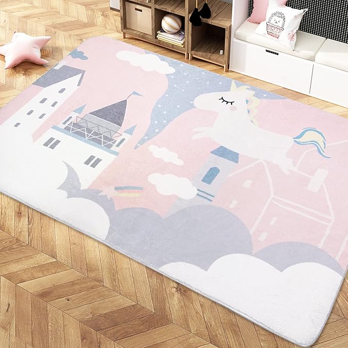 ABREEZE Kids Rug Play Mat, Ultra Soft Pink Unicorn Nursery Rug, 3.3'x5', Non Slip for Kids Room, Bedroom Decor, Living Room