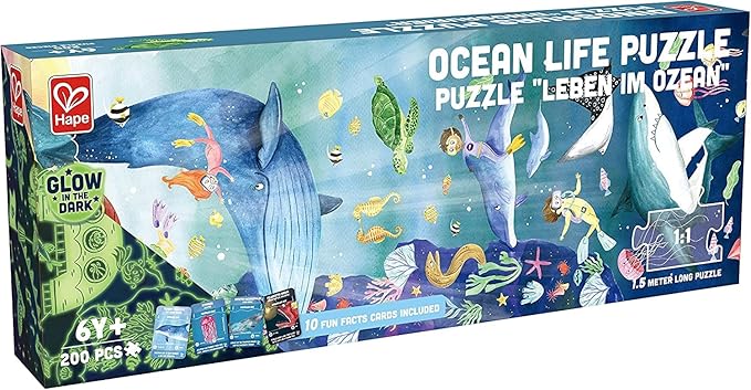 Hape Ocean Life Puzzle 1.5 Meter Long | 200 Pieces Colorful Giant Glow-in-The-Dark Marine Life Jigsaw, for Children 6+ Years