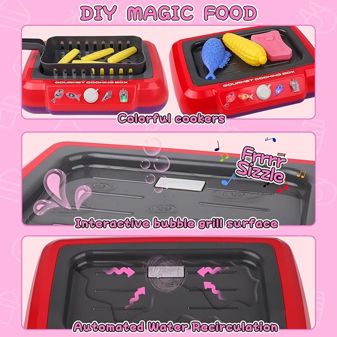 Gifts2U Kids Frying Kit Kitchen Cooking Playset, 48 PCS Toddler Pretend Play Store Toys with Color Changing Play Food, Simulator Kitchen Accessories Set DIY Toy Learning Gift for Girls Boys