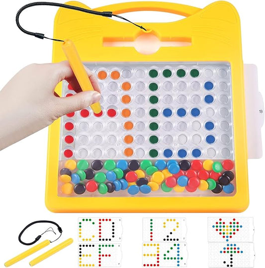 Magnetic Drawing Board for Kids, Toddler Magnet Doodle Board with Beads and 2 Pens, Magnetic Dot Art, Preschool Learning ABC Numbers for 3 4 5 6 Years Old Girls Boys (Yellow)