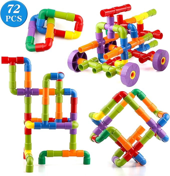 Joqutoys STEM Building Blocks Toy, 72 Pieces Creative Pipe Tube Sensory Toys, Construction Set Build Bicycle, Tank, Scootie, Motor Skills Endless Design Educational Learning Toys for Kids Aged 3+
