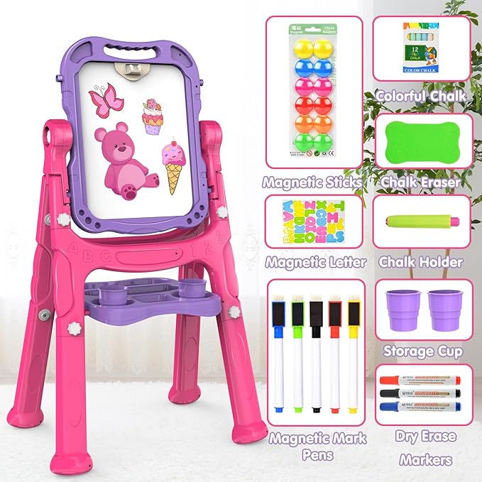 Amagoing Easel for Kids, Adjustable Standing Art Easel for Toddler, Double Drawing Board with Painting Accessories, Birthday Christmas Gift for Little Boys and Girls, Middle Size Purple