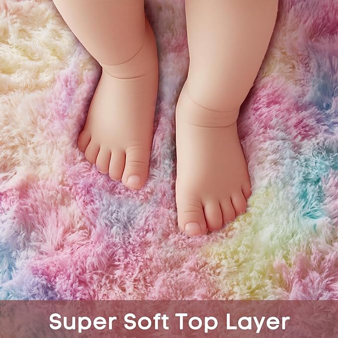 Ophanie Round Rug 4Ft Rainbow Circle Area Rug, Cute Room Decor for Teen Girls, Fluffy Fuzzy Bedroom Carpet, Plush Soft Shaggy Living Room Rugs for Kids Home Decor Aesthetic, Nursery