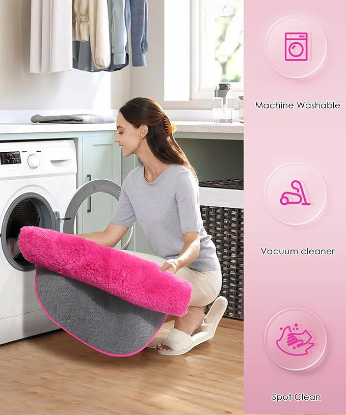 Hot Pink Round Rug 4Ft for Girls Bedroom, Fluffy Circle Area Rugs for Kids Room Decor Aesthetic, Shag Plush Fuzzy Furry Carpet for Living Room, Nursery, Dorm, Classroom, Teen, Cute Shaggy Baby Rug