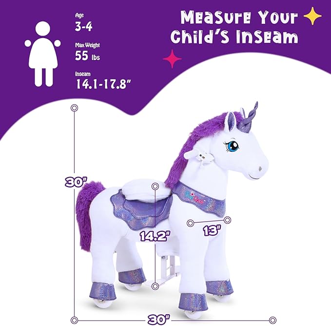 PonyCycle Ride on Unicorn Riding Unicorn Toys with Brake, Essential Model E Interactive Toy Unicorn Gifts for Girls (30" Height/Size 3 for Age 3-4) Riding Horse Ride on Toy Stuffed Animal Purple E313