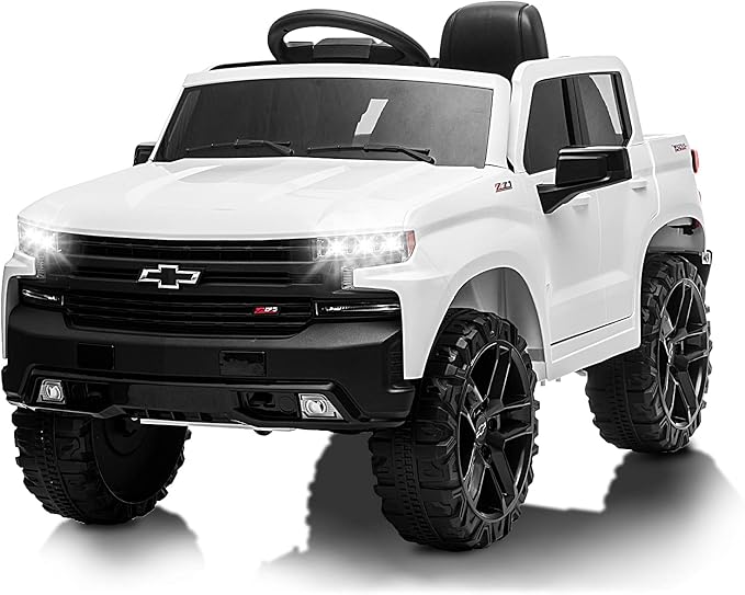 12V Ride on Car for 3-6years, Battery Powered Licensed by Chevrolet Silverado GMC Kids Ride On Truck, Toddler Electric Vehicles Toys w/RC, MP3/Bluetooth, Spring Suspensionfor Boys and Girls(White)