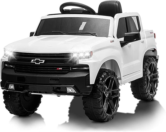 12V Ride on Car for 3-6years, Battery Powered Licensed by Chevrolet Silverado GMC Kids Ride On Truck, Toddler Electric Vehicles Toys w/RC, MP3/Bluetooth, Spring Suspensionfor Boys and Girls(White)