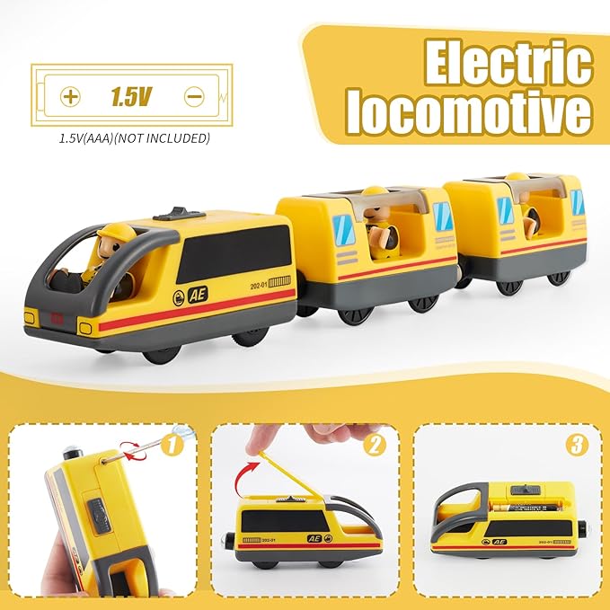 Electric Train Set Toys Wooden Magnetic Cars - Locomotive Auto Forward/Backward/Park, Gift for 3 4 5 6 Year Old Toddlers Kids Boys Truck Trains Toy, Compatible with Common Wooden Train Tracks