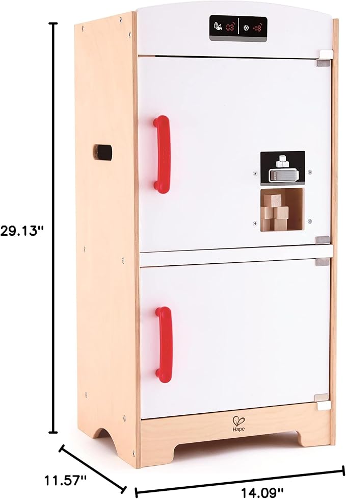 Hape Gourmet Kitchen Wooden Fridge | Cabinet Style Refrigerator Fridge Freezer with Ice Dispenser