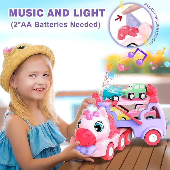 Toys for 3 Year Old Girl, 5-in-1 Unicorn Toys Carrier Truck Toy Cars with Light & Sound,Girl Toddler Toys Age 3-5, 3 4 5 Year Old Girl Birthday Gifts Kids Toys for Girls…