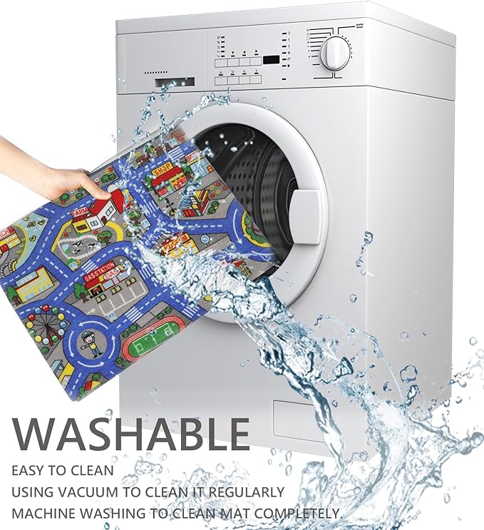 Kids Rug 6'6" x 5'0" City Life Playmat Area Rug Car City Map Washable Traffic Road Educational Learning Nursery Rug Carpet for Children Playroom Living Room Bedroom Classroom Decor Dark Blue