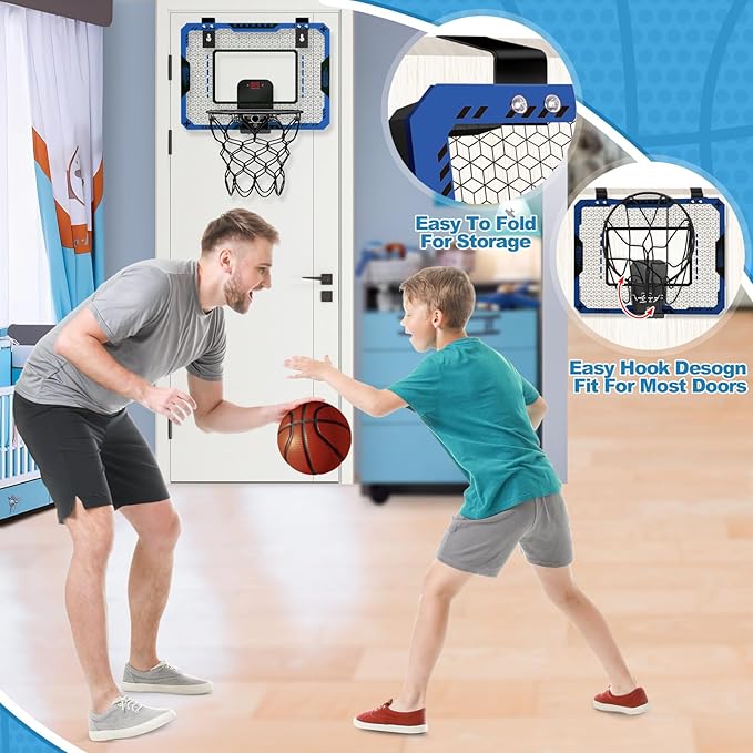 Basketball Hoop Indoor for 5 6 7 8 9 10+ Year Old Boys Kids, Mini Basketball Hoop with Electronic Scoreboard Over The Door, Birthday Gift Sport Toys