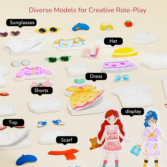 Mideer Paper Doll Kits, Reuseable Dress Up Paper Doll with Storage Box, DIY Dress Up Games for Girls Ages 4-7, Kids Fashion Design Kit with 240 Colorable Clothing Stickers and Dual Tip Colored Pencils