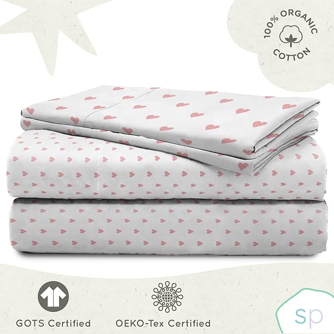 Saturday Park Pink Hearts Queen Sheet Set - 4 Piece 100% Organic Cotton Sheets - GOTS & Oeko-TEX Certified