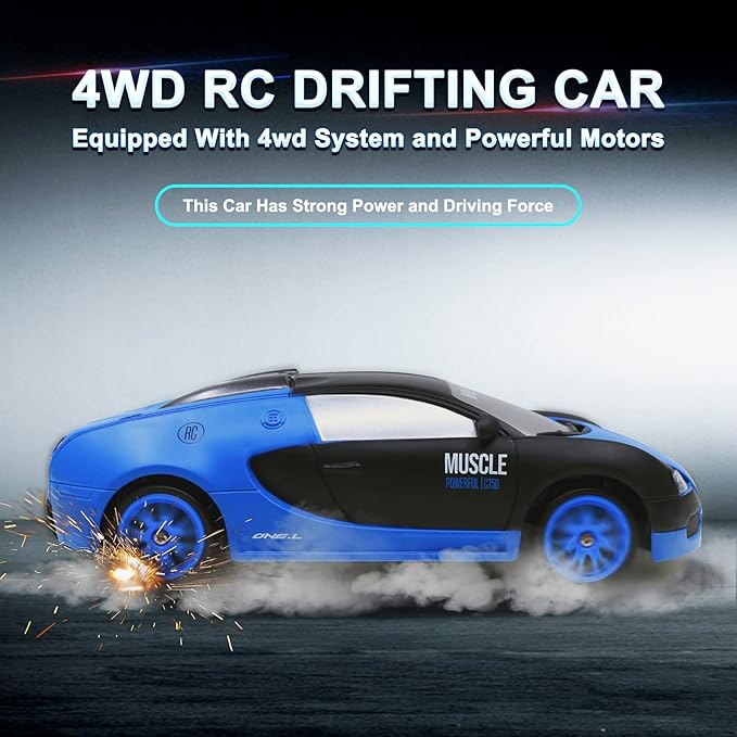 Remote Control Car RC Drift Car 2.4GHz 1:24 Scale 4WD 15KM/H High Speed Model Vehicle with LED Lights Drifting Tire Racing Sport Toy Car for Adults Boys Girls Kids Gift 2Pcs Rechargeable Batteries