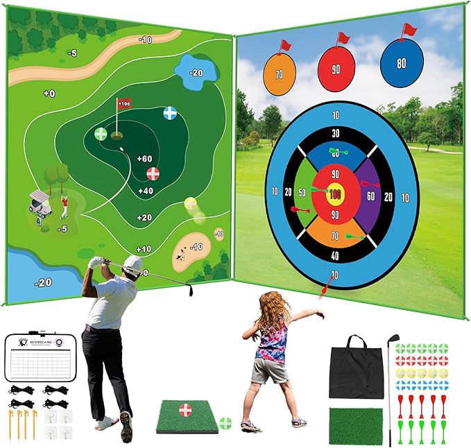 Golf Game: 70"x 70" Plus Size Double Sided Hitting Mat, Ideal Gifts for Kids Adults, 20 Sticky Balls & 10 Darts for Indoor or Backyard Battle Chipping