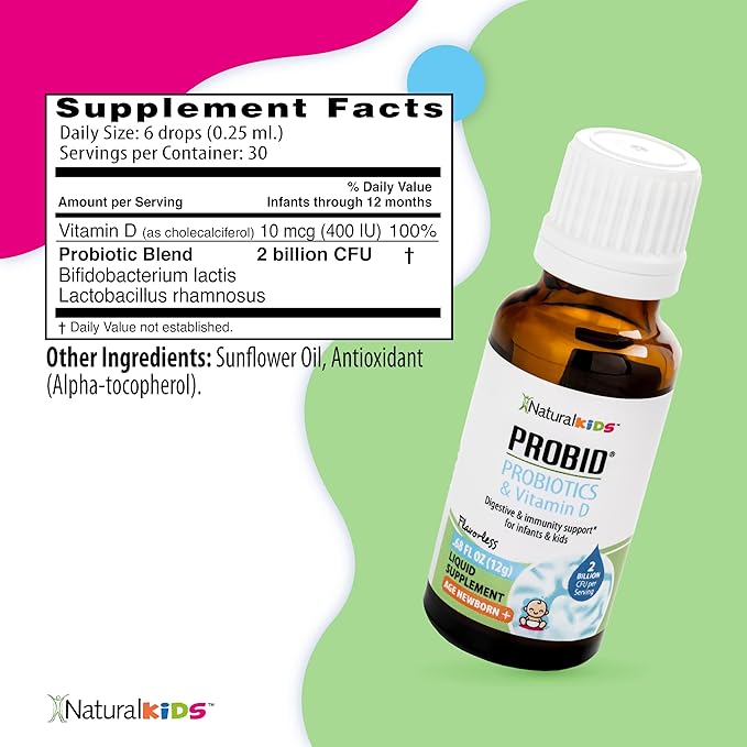 Naturalkids Probid Baby Probiotic Drops with Vitamin D for Digestive Health & Immune Support Supplement for Newborn, Infants & Kids - Flavorless .68 Fl Oz.